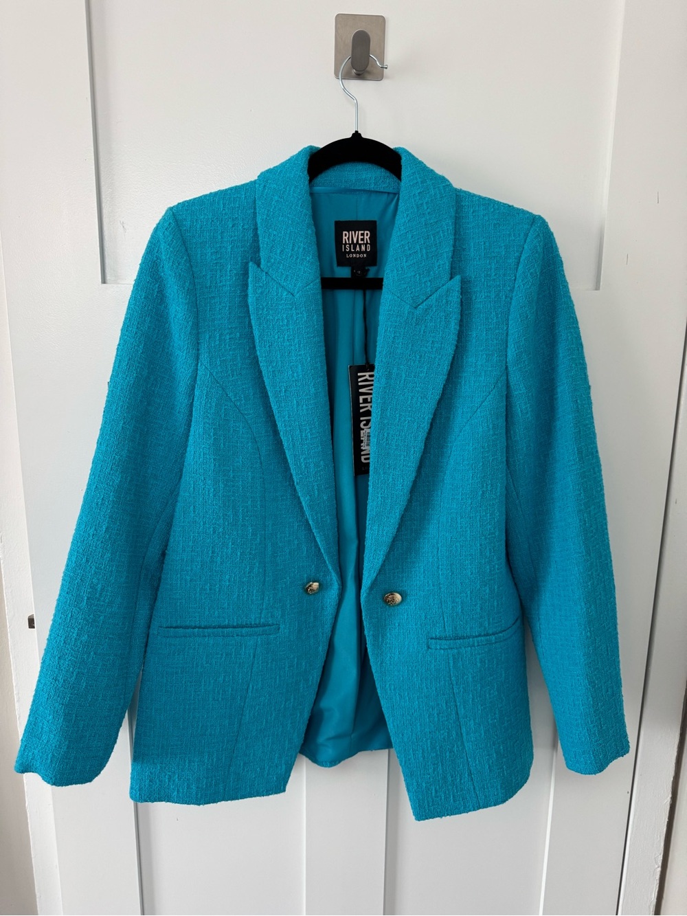 River Island Bright Teal Bouclé Single-Button Blazer
